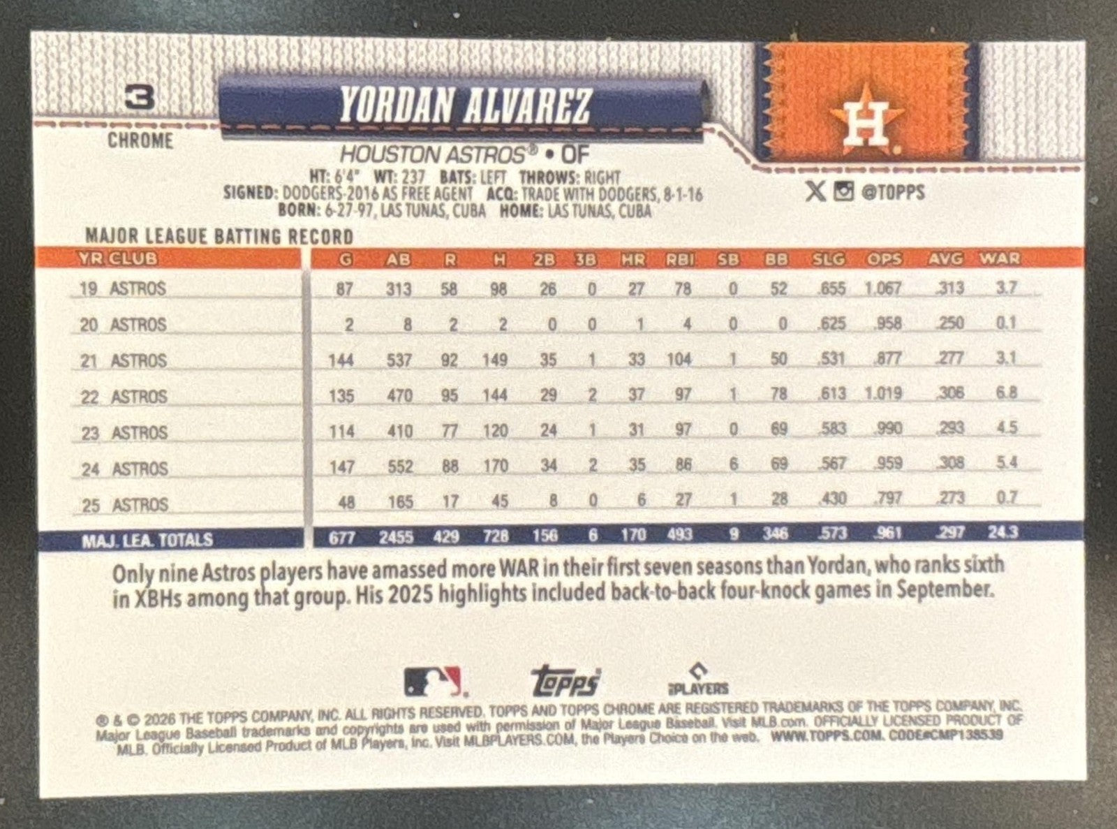 2026 Topps Chrome Yordan Alvarez #3 Astros