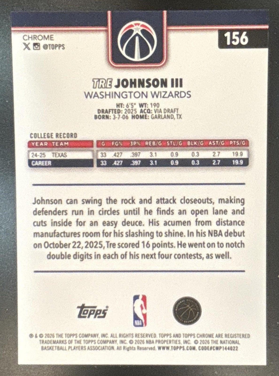 2025-26 Topps Chrome Update Tre Johnson III Purple Refractor /75 #156 RC Wizards
