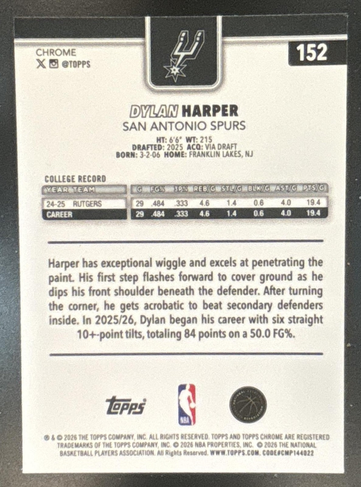 2025-26 Topps Chrome Update Dylan Harper Ray Wave Refractor #152 RC Spurs