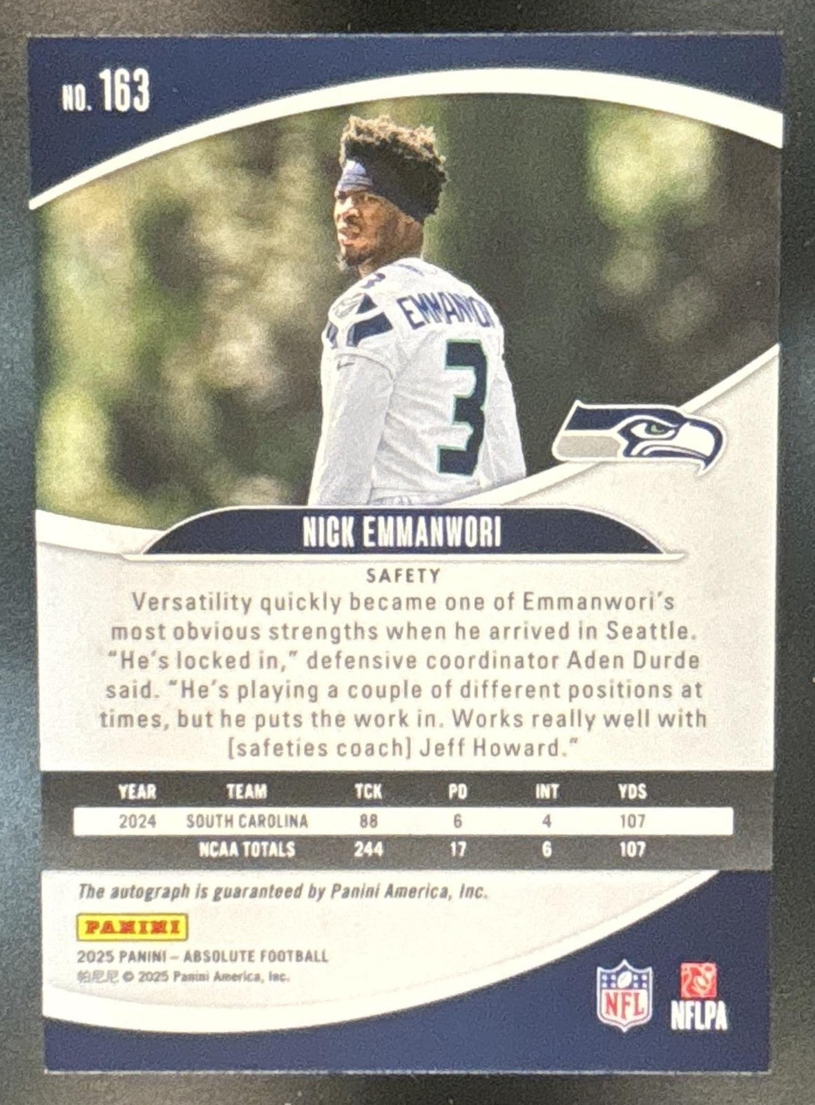2025 Panini Absolute Nick Emmanwori Signature Rookies /50 #163 RC Auto Seahawks