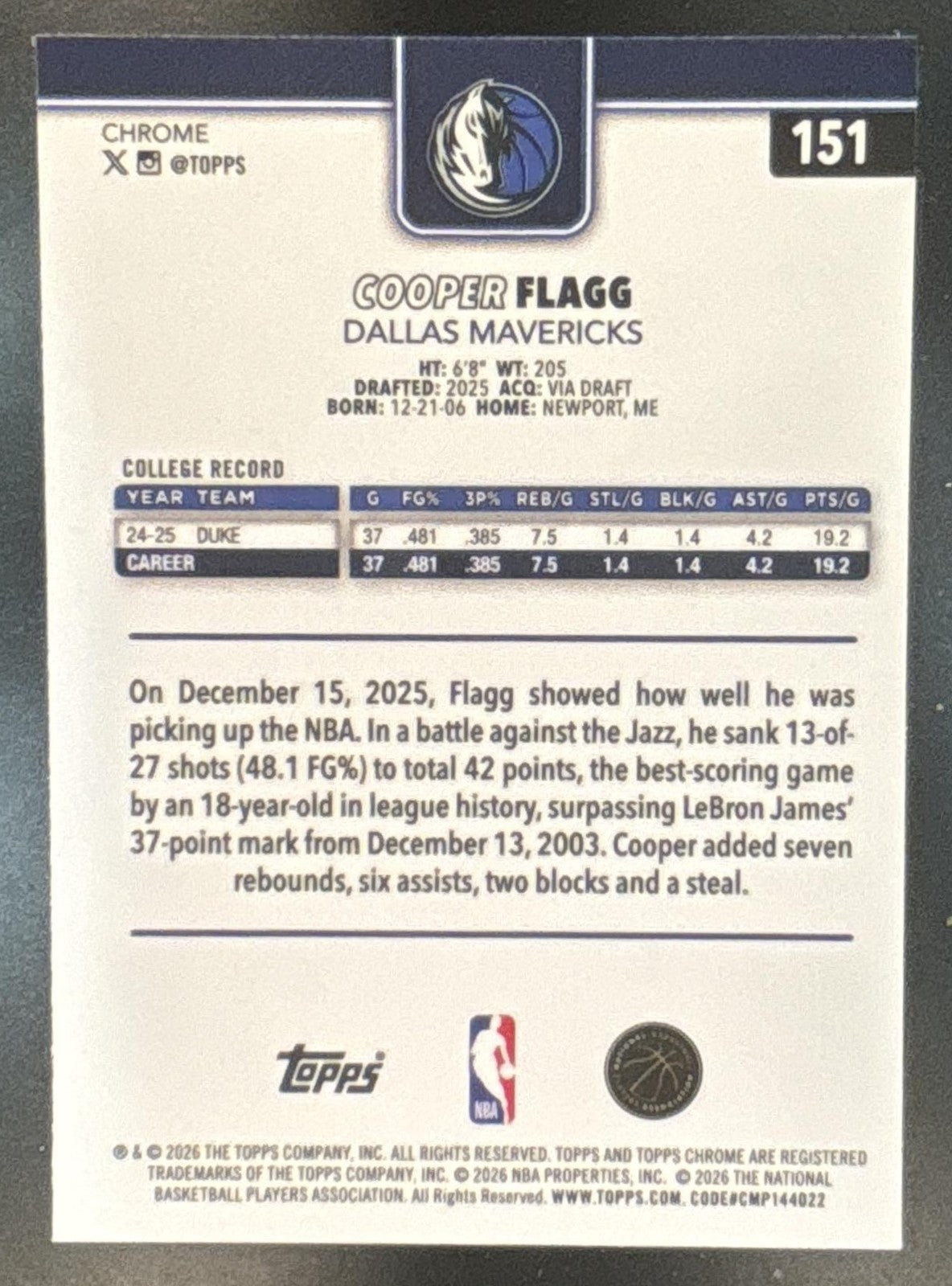 2025-26 Topps Chrome Update Cooper Flagg X-Fractor #151 RC Dallas Mavericks