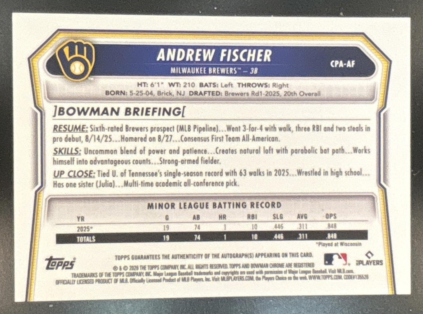2026 Bowman Andrew Fischer Chrome Auto Speckle /299 1st Prospect Brewers