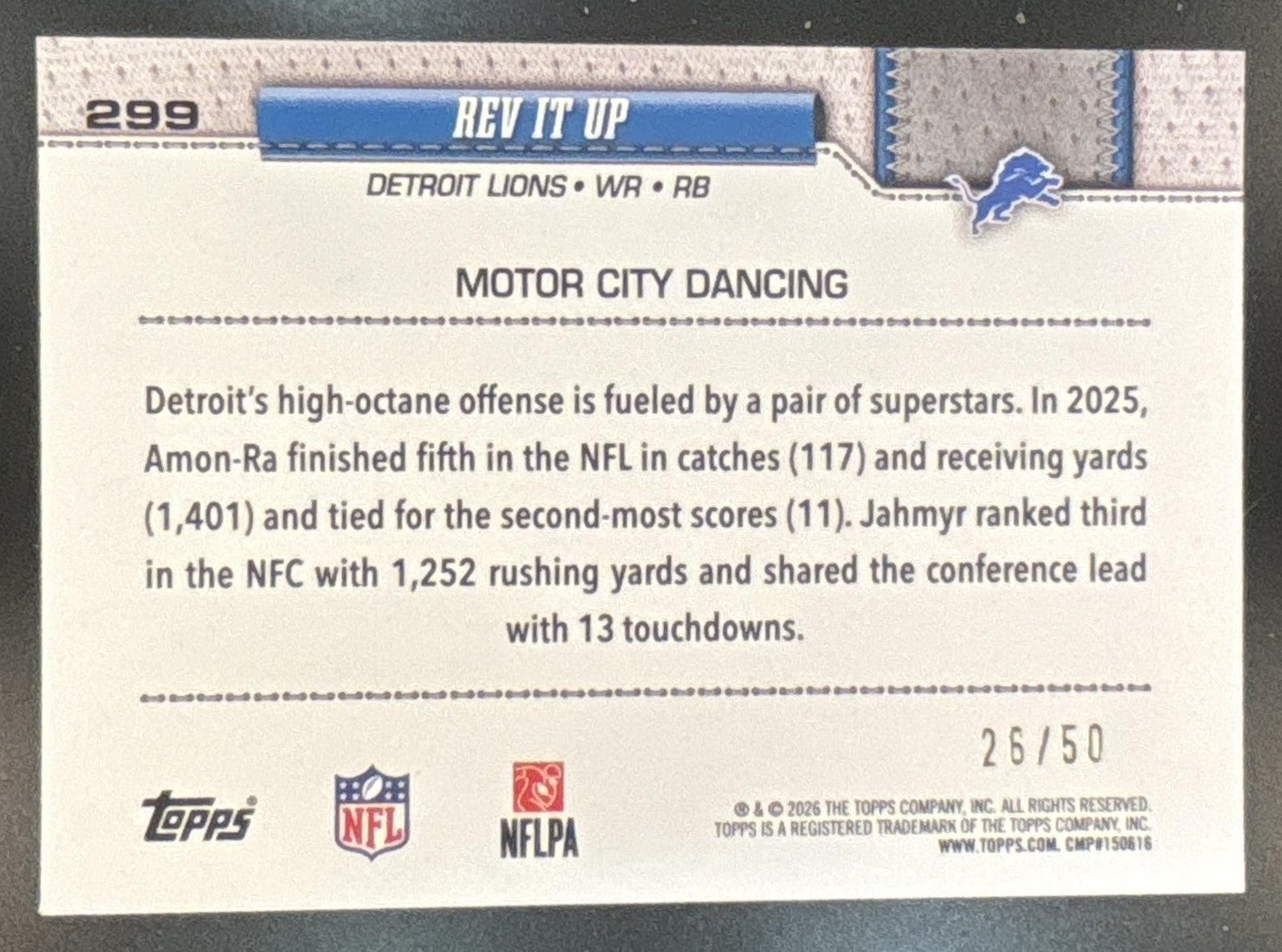 2026 Topps Rev It Up Canvas /50 #299 Combo Card Detroit Lions