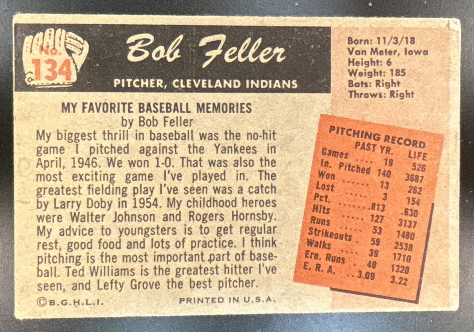 1955 Bowman Bob Feller #134 Cleveland Indians