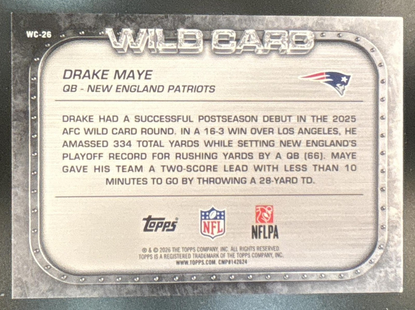 2026 Topps Drake Maye Wild Card Moments Blue /150 #WC-26 New England Patriots