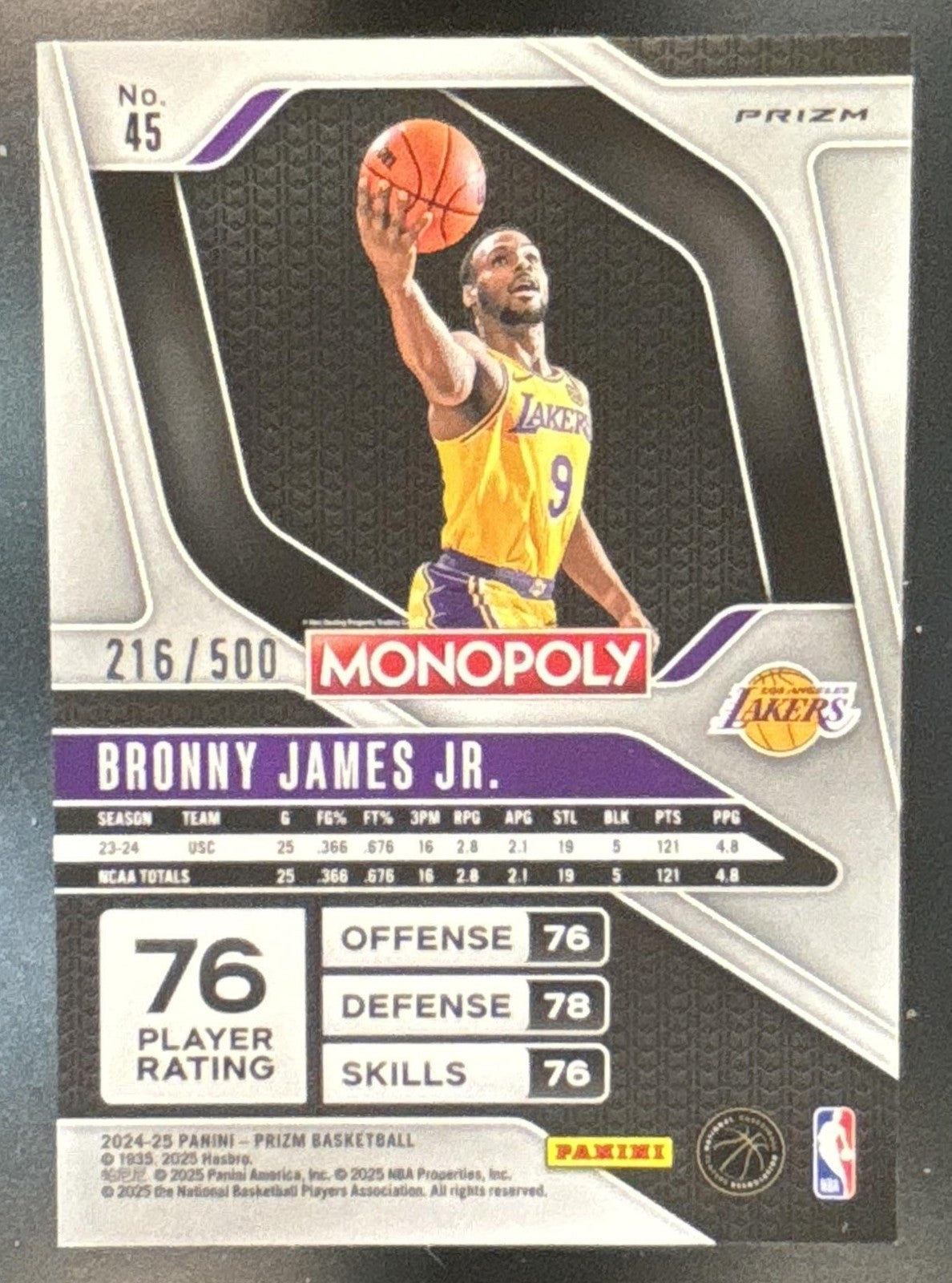 2024-25 Prizm Monopoly Bronny James Jr. Gold Millionaire Shimmer /500 #45 RC