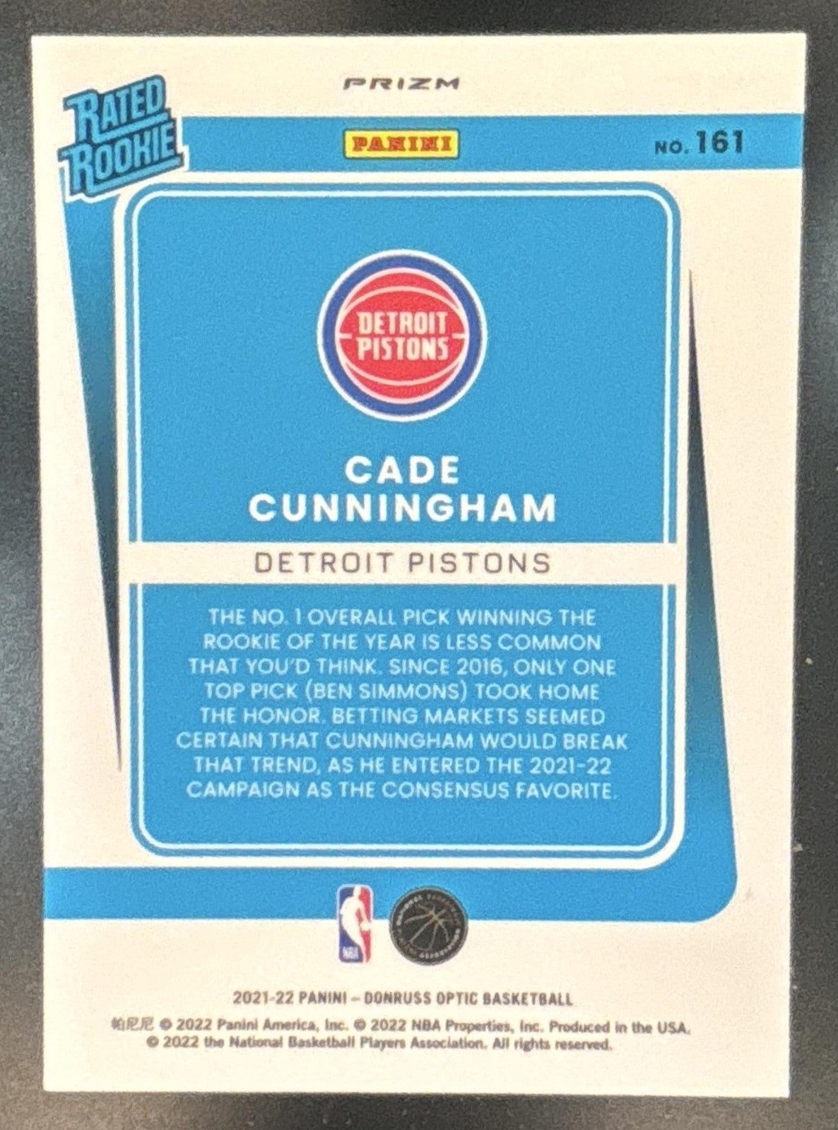2021-22 Panini Donruss Optic Cade Cunningham Holo Prizm #161 RC Detroit Pistons