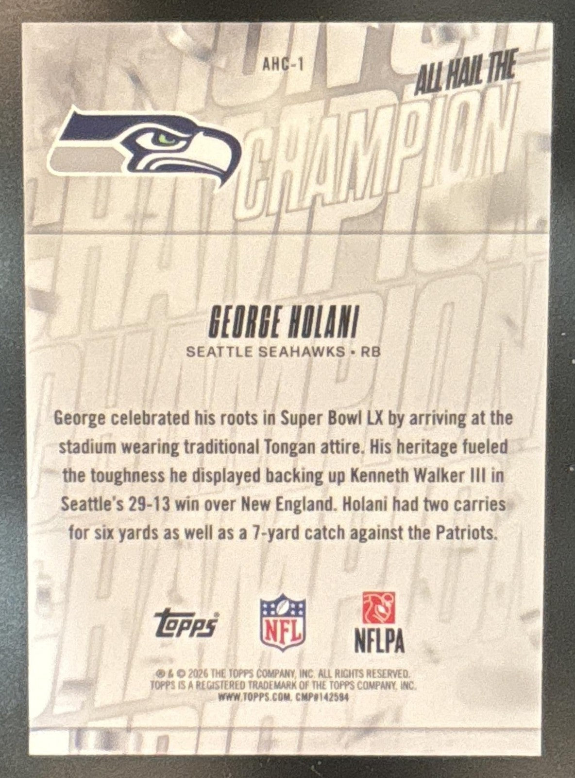 2026 Topps George Holani All Hail The Champ Green /99 #AHC-1 Seattle Seahawks