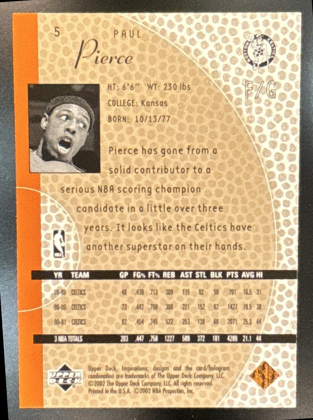 2001-02 Upper Deck Inspirations Paul Pierce #5 Boston Celtics