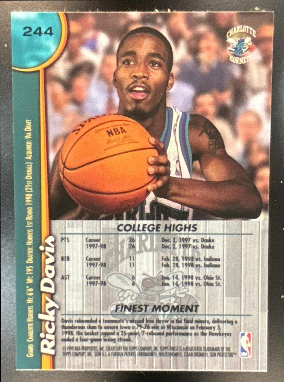1998-99 Topps Finest Ricky Davis #244 RC Charlotte Hornets