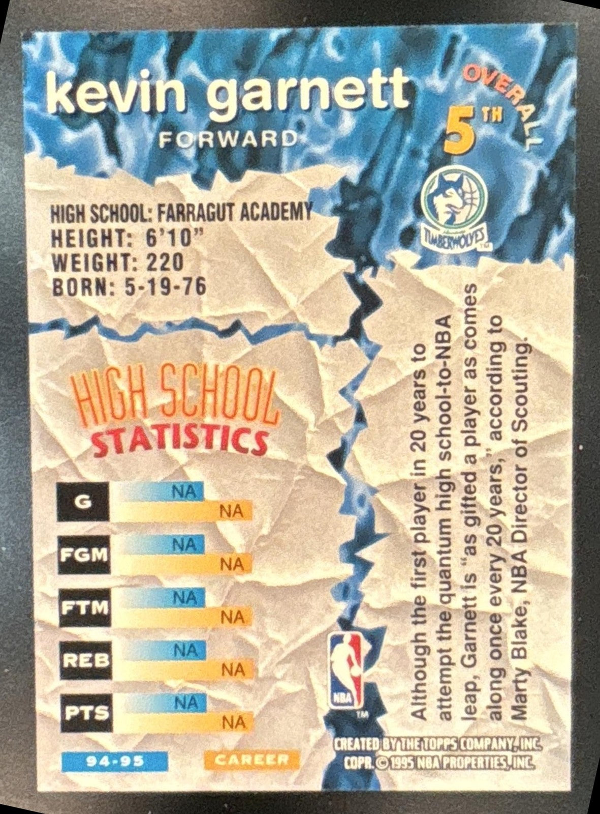 1995-96 Topps Stadium Club Kevin Garnett Draft Picks #5 RC Timberwolves