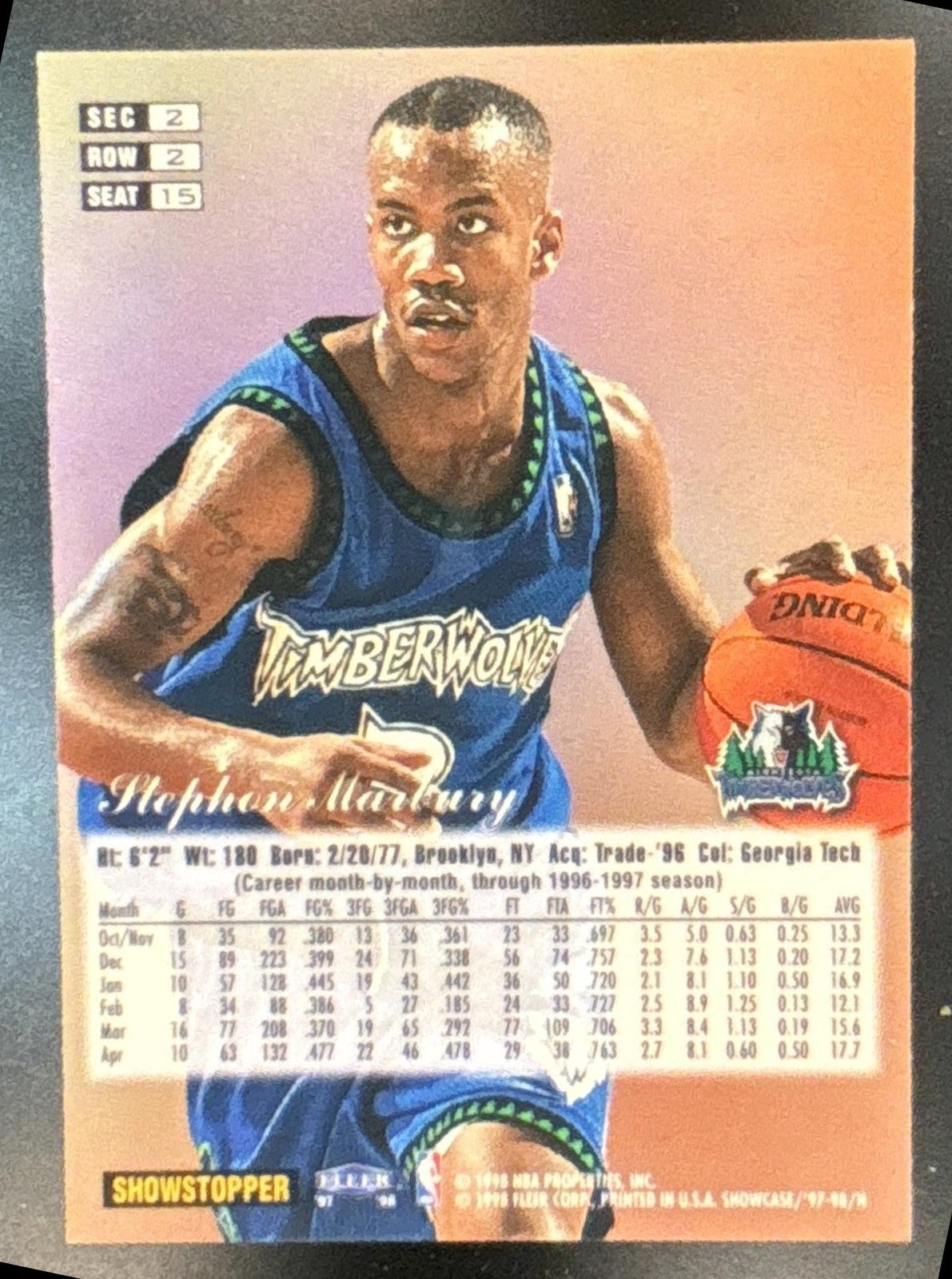 1997-98 Fleer Flair Showcase Stephon Marbury Row 2 #15 Minnesota Timberwolves