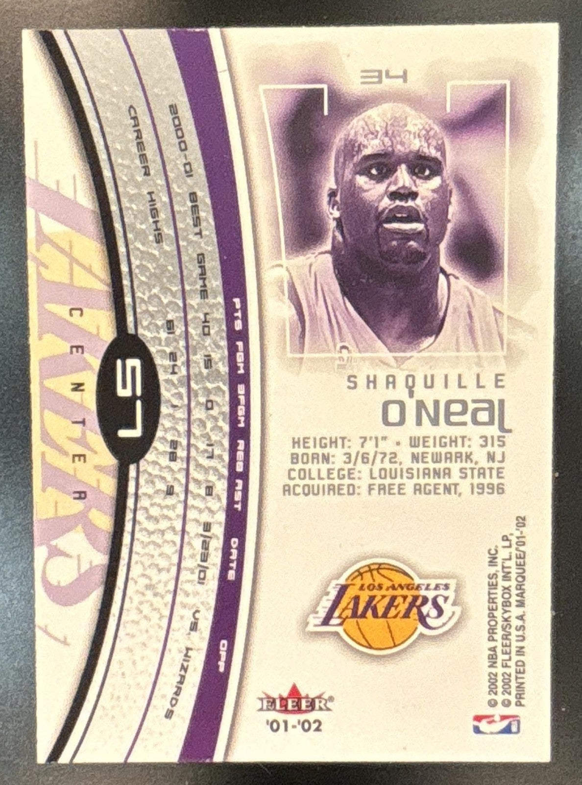 2001-02 Fleer Marquee Shaquille O'Neal #34 Los Angeles Lakers
