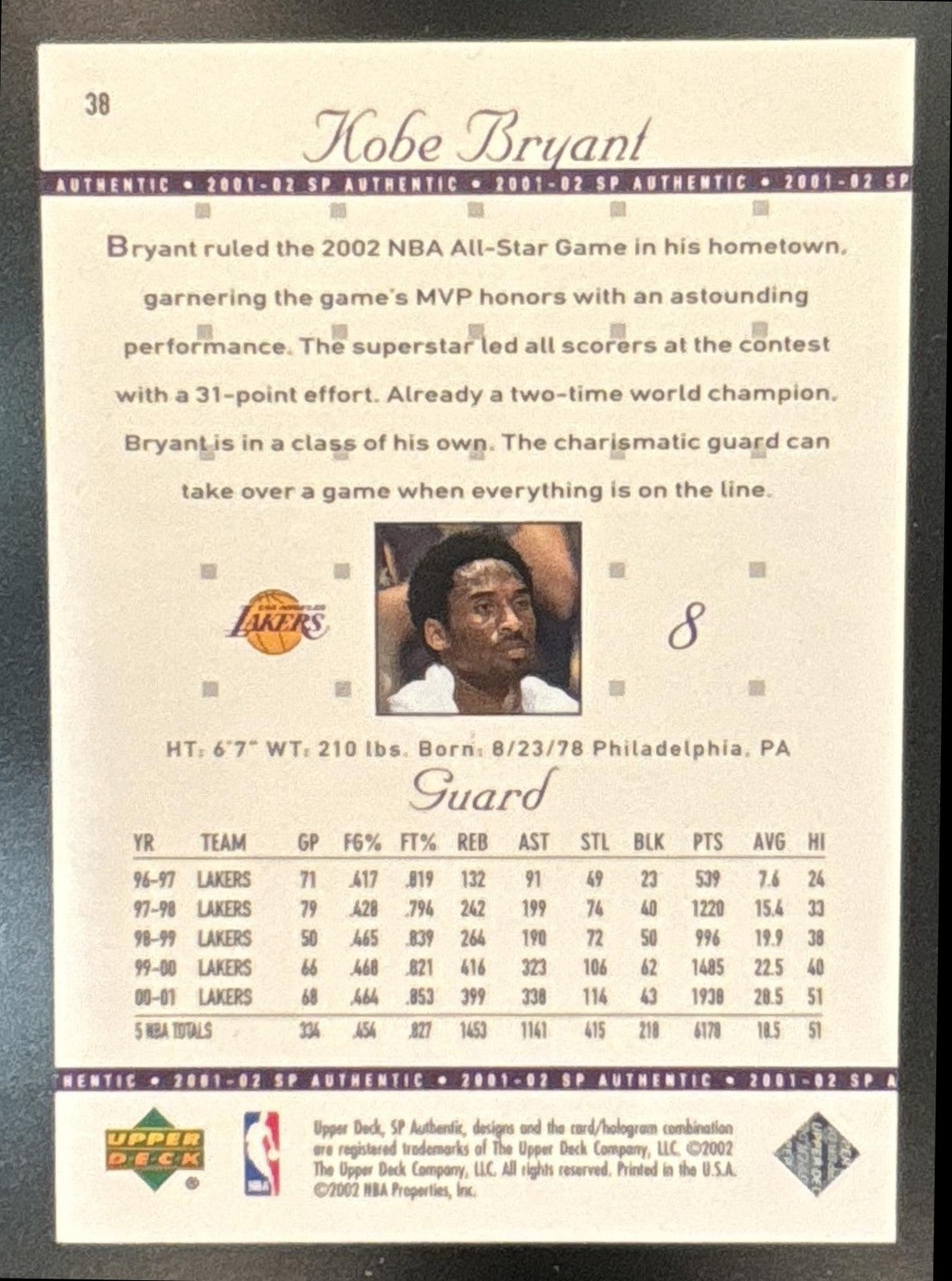 2001-02 SP Authentic Kobe Bryant #38 Los Angeles Lakers