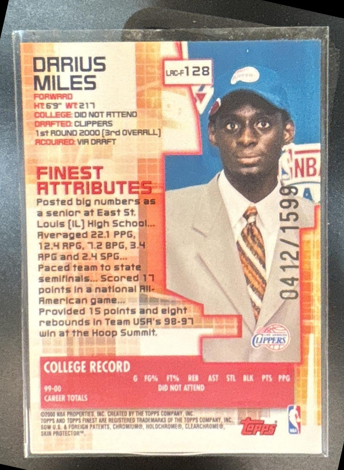2000-01 Topps Finest Darius Miles /1599 #128 RC Los Angeles Clippers