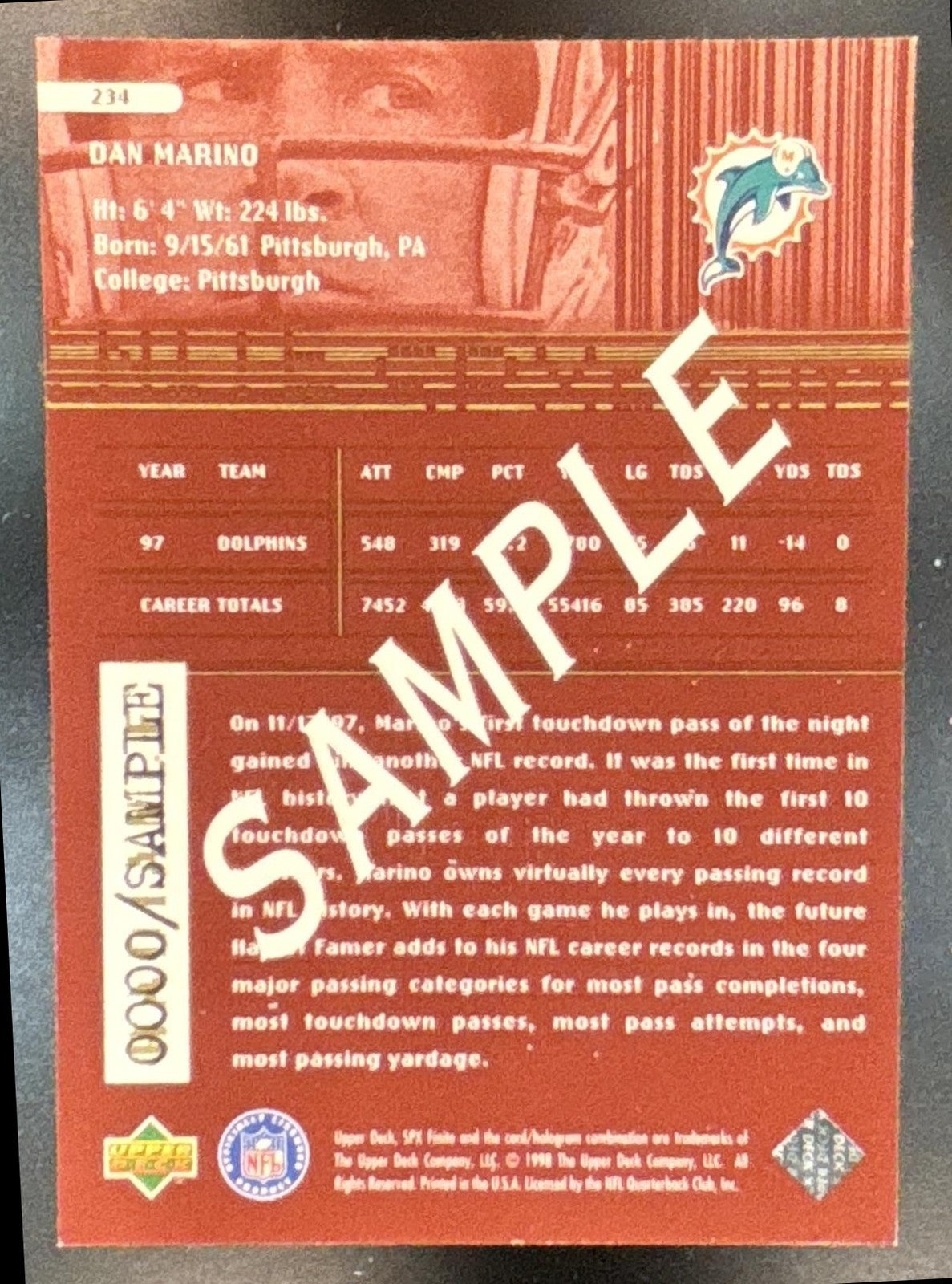 1998 SPx Finite Dan Marino (Sample) #234 Miami Dolphins