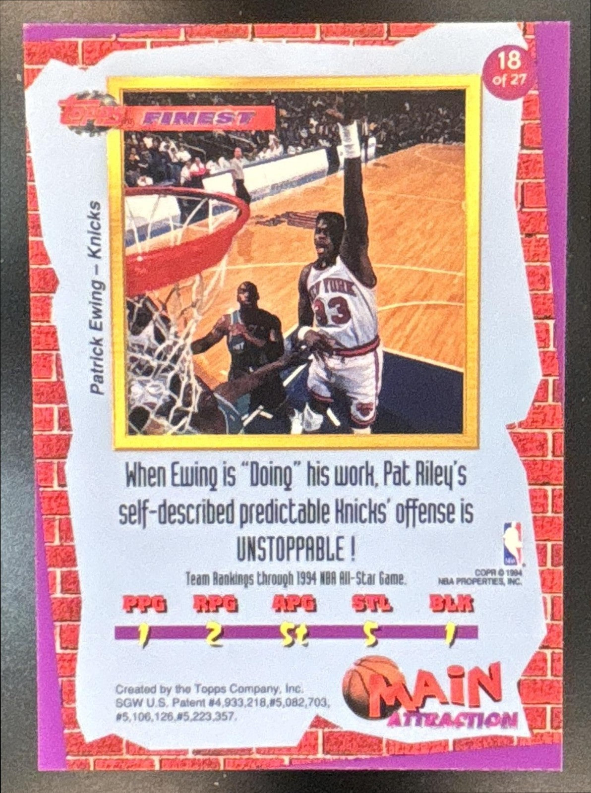 1993-94 Topps Finest Patrick Ewing Main Attraction #18 New York Knicks