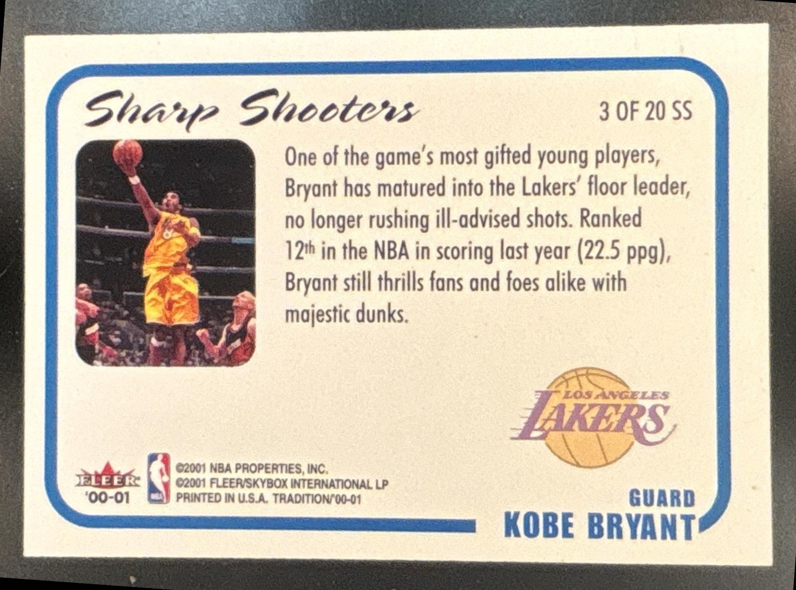 2000-01 Fleer Tradition Kobe Bryant Sharpshooters #3 SS Los Angeles Lakers