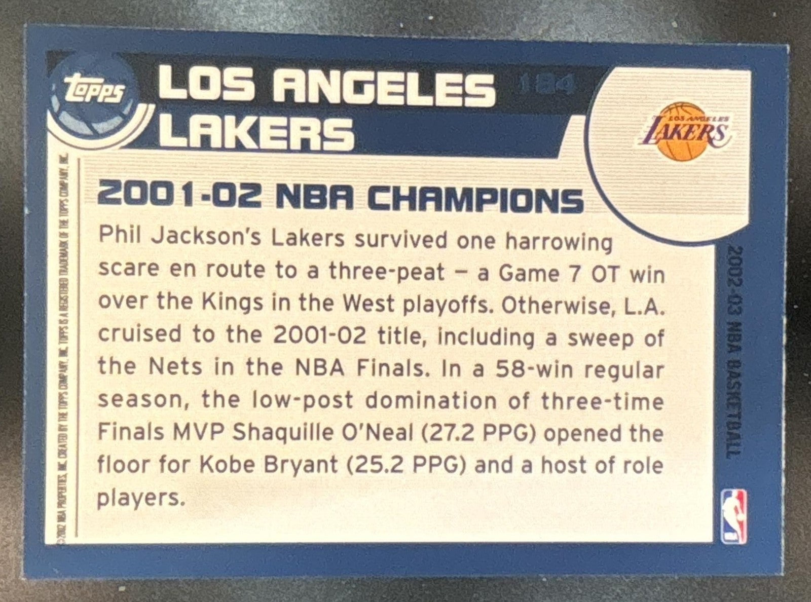 2002-03 Topps 2001-02 NBA Champions #184 Los Angeles Lakers