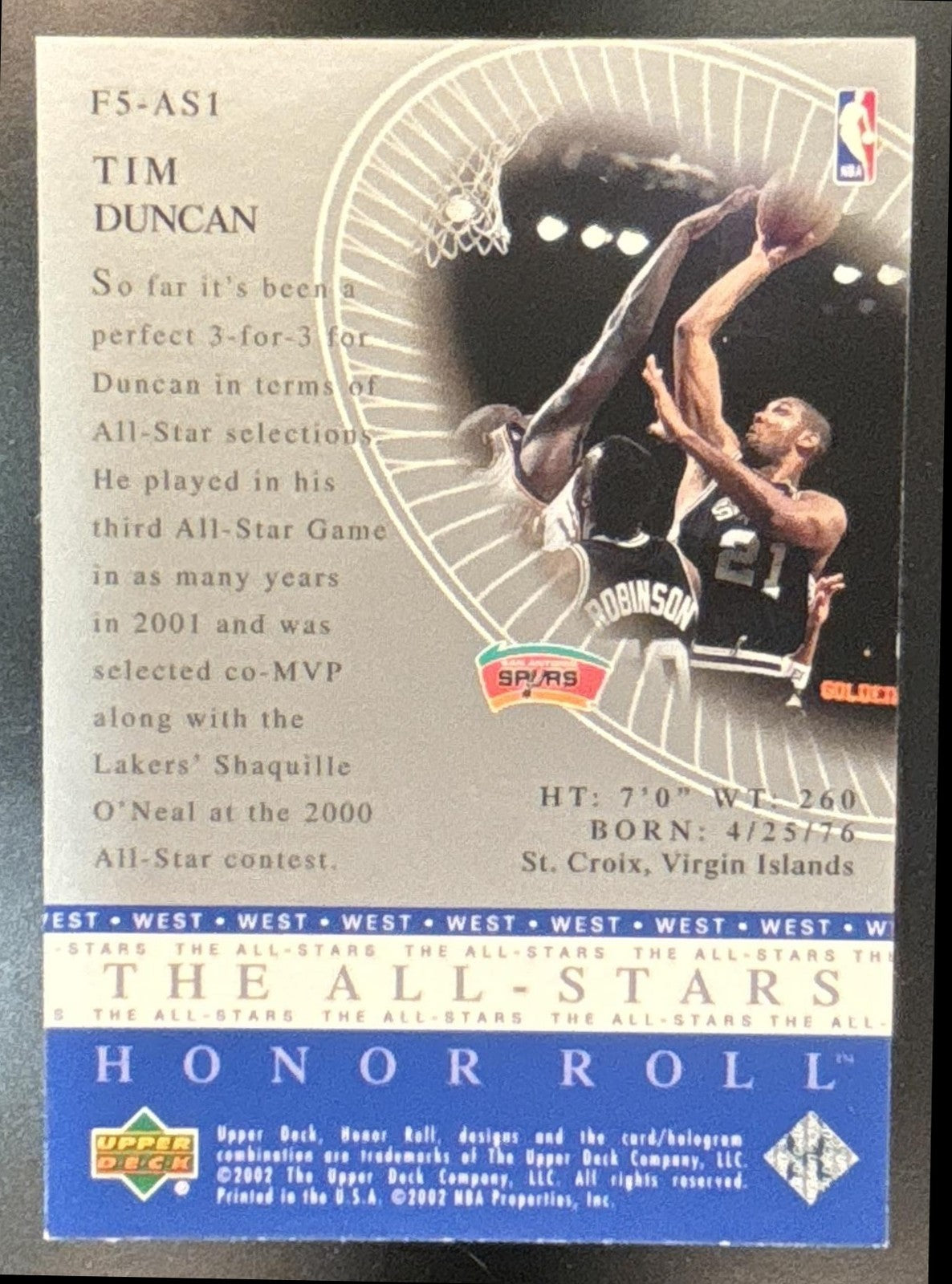 2001-02 Upper Deck Honor Roll Tim Duncan Fab Fives The All Stars Spurs