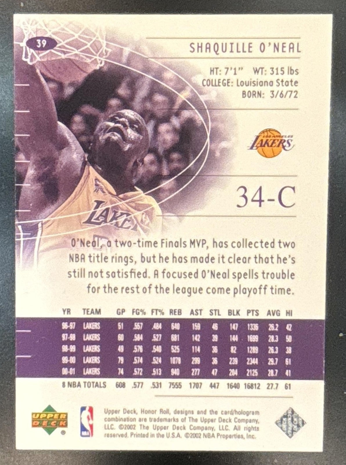 2001-02 Upper Deck Honor Roll Shaquille O'Neal #39 Los Angeles Lakers