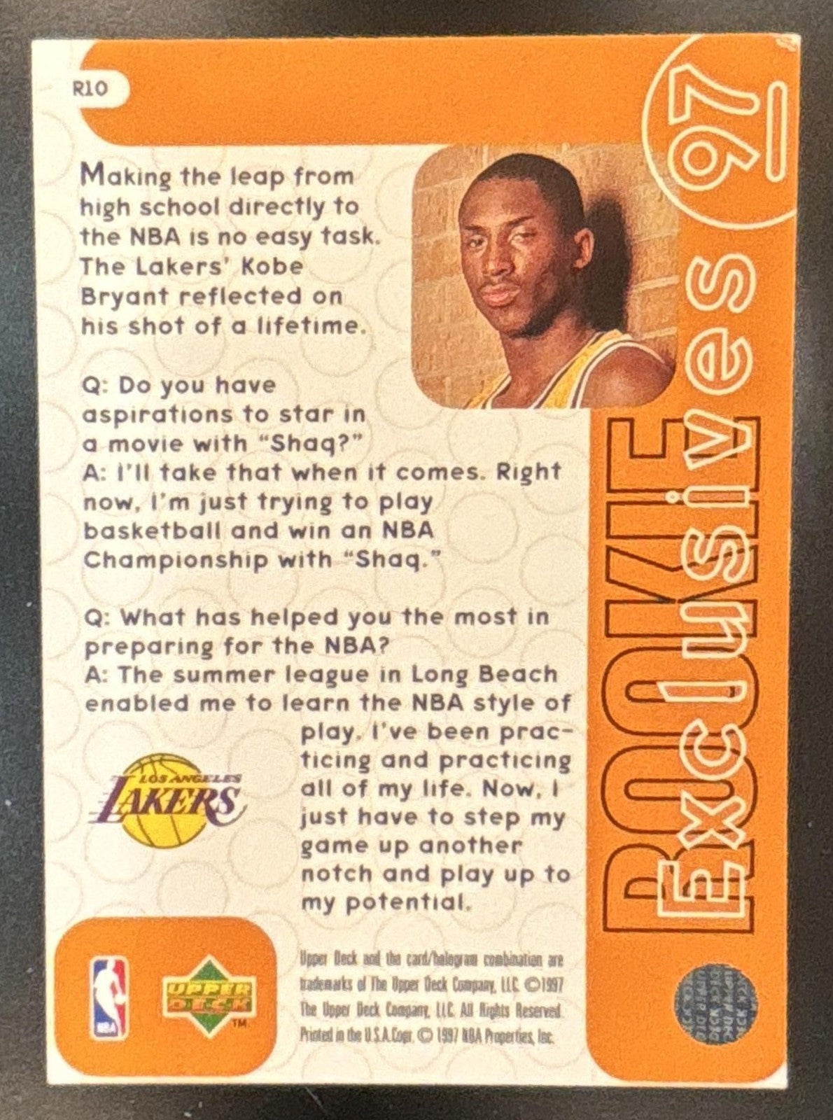 1996-97 Upper Deck Kobe Bryant Rookie Exclusives #R10 RC Los Angeles Lakers