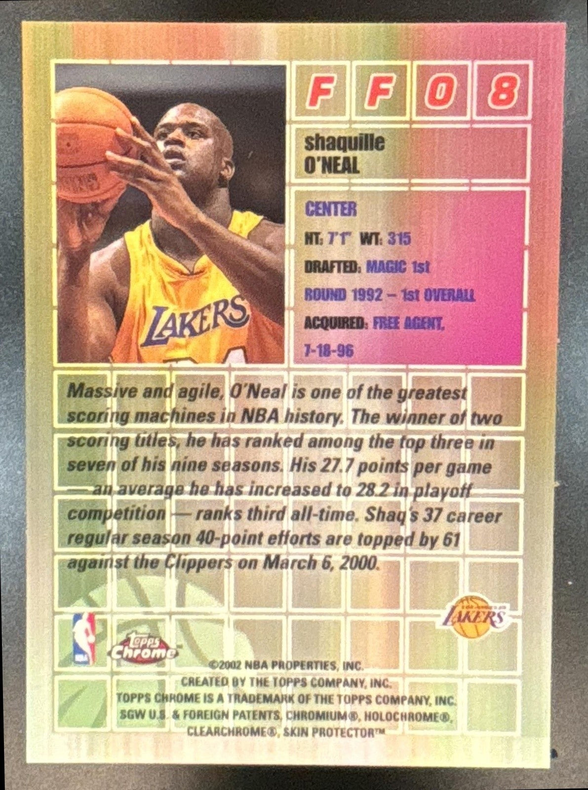 2001-02 Topps Chrome Shaquille O'Neal Fast and Furious #FF08 Los Angeles Lakers