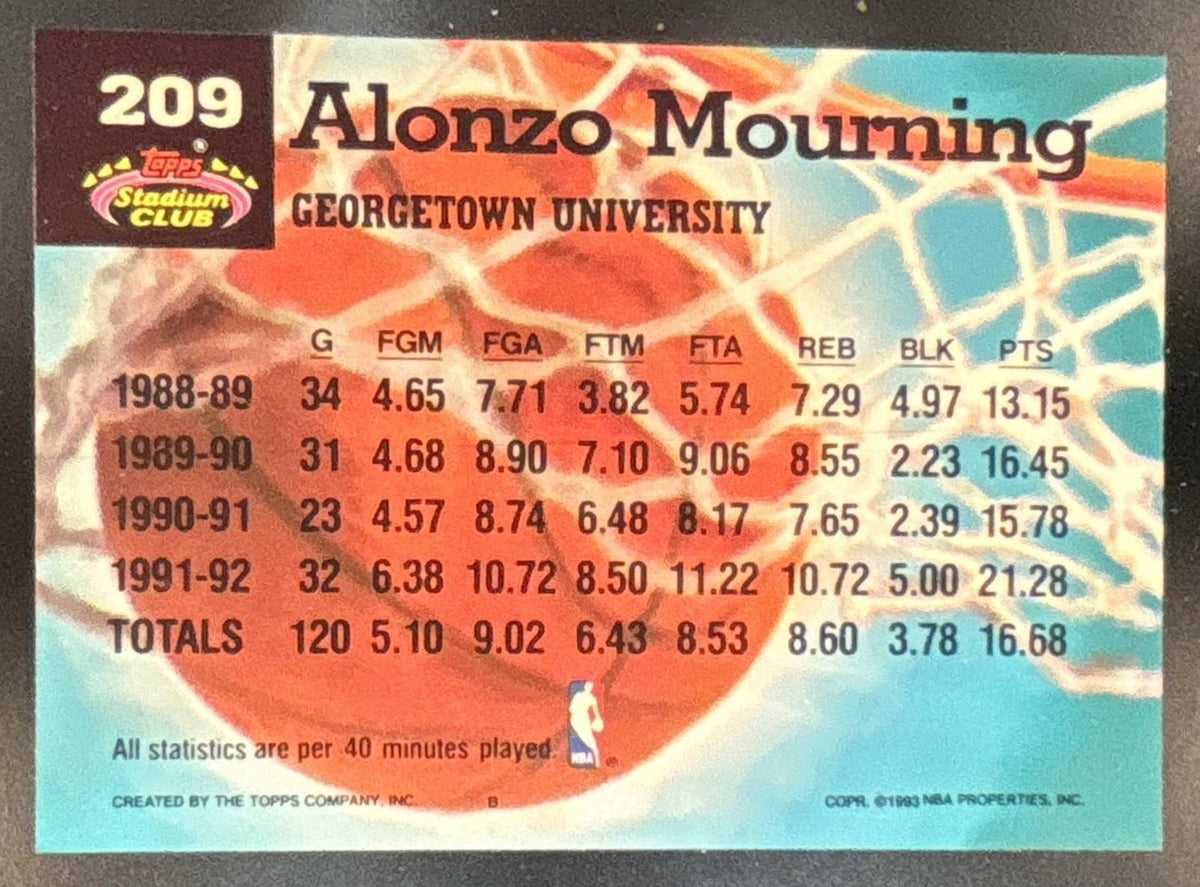 1992-93 Topps Stadium Club Alonzo Mourning #209 RC Charlotte Hornets