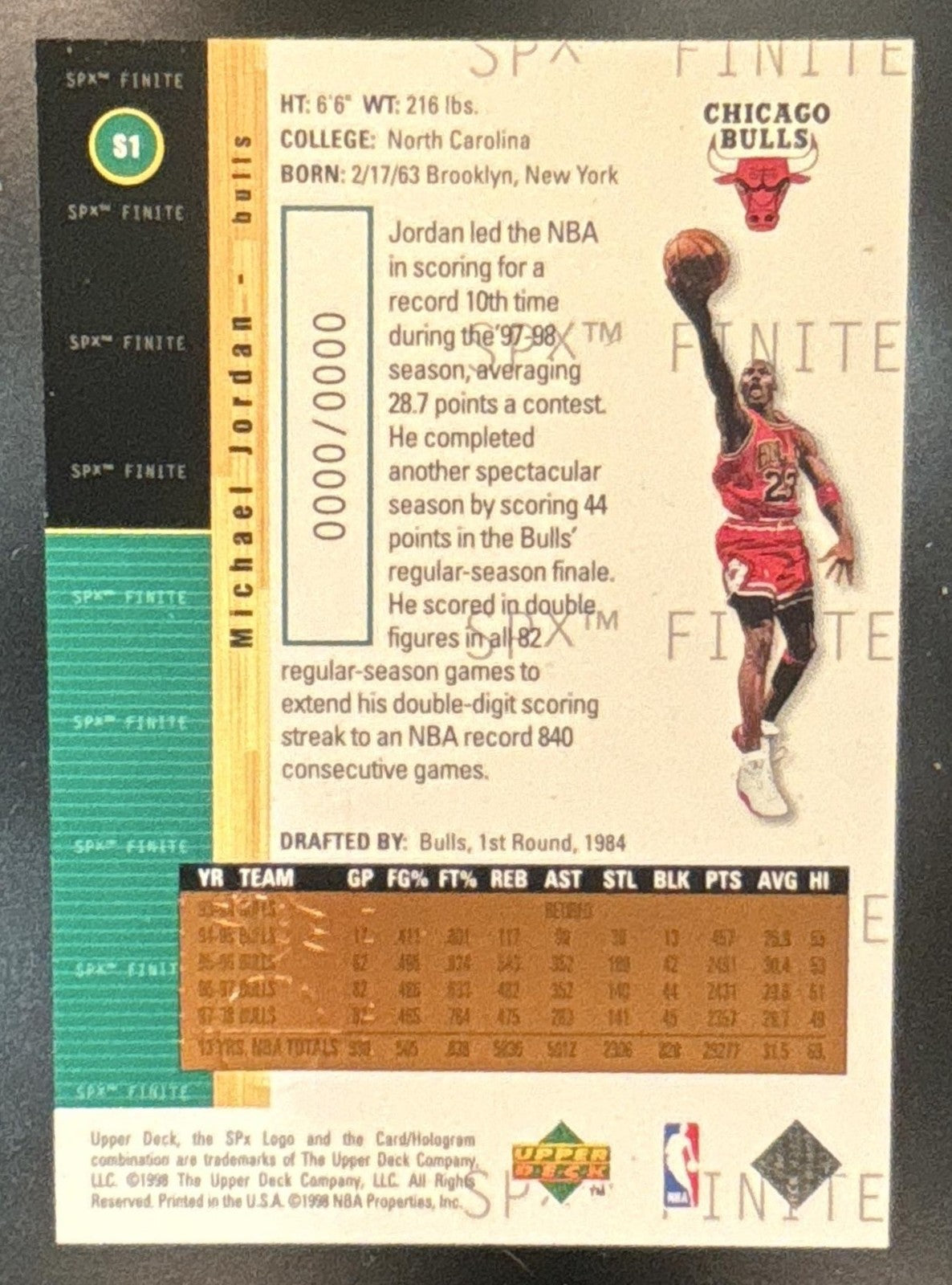 1998-99 SPx Finite Michael Jordan Promos #S1 Chicago Bulls