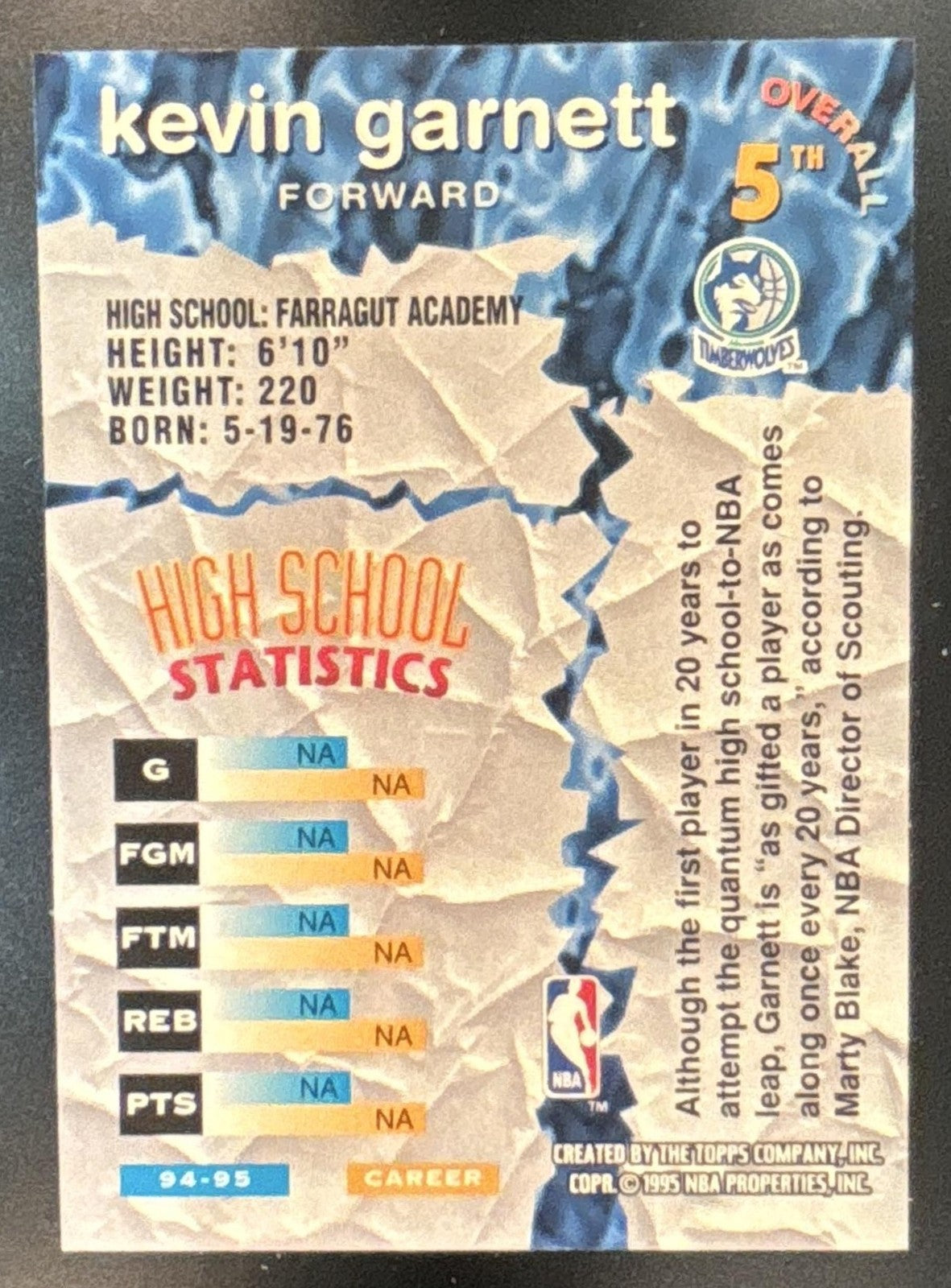 1995-96 Topps Stadium Club Kevin Garnett Draft Picks #5 RC