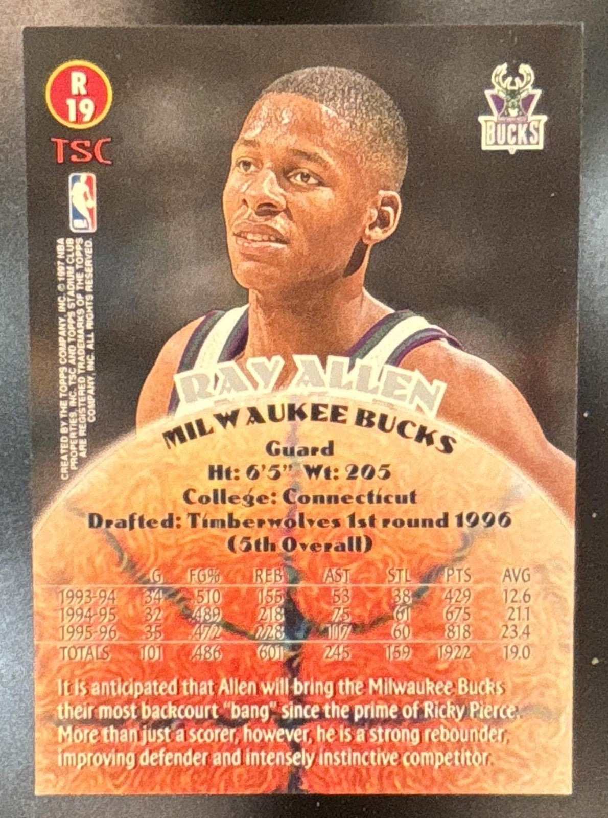 1996-97 Topps Stadium Club Ray Allen Rookies Series Two #R19 RC Milwaukee Bucks