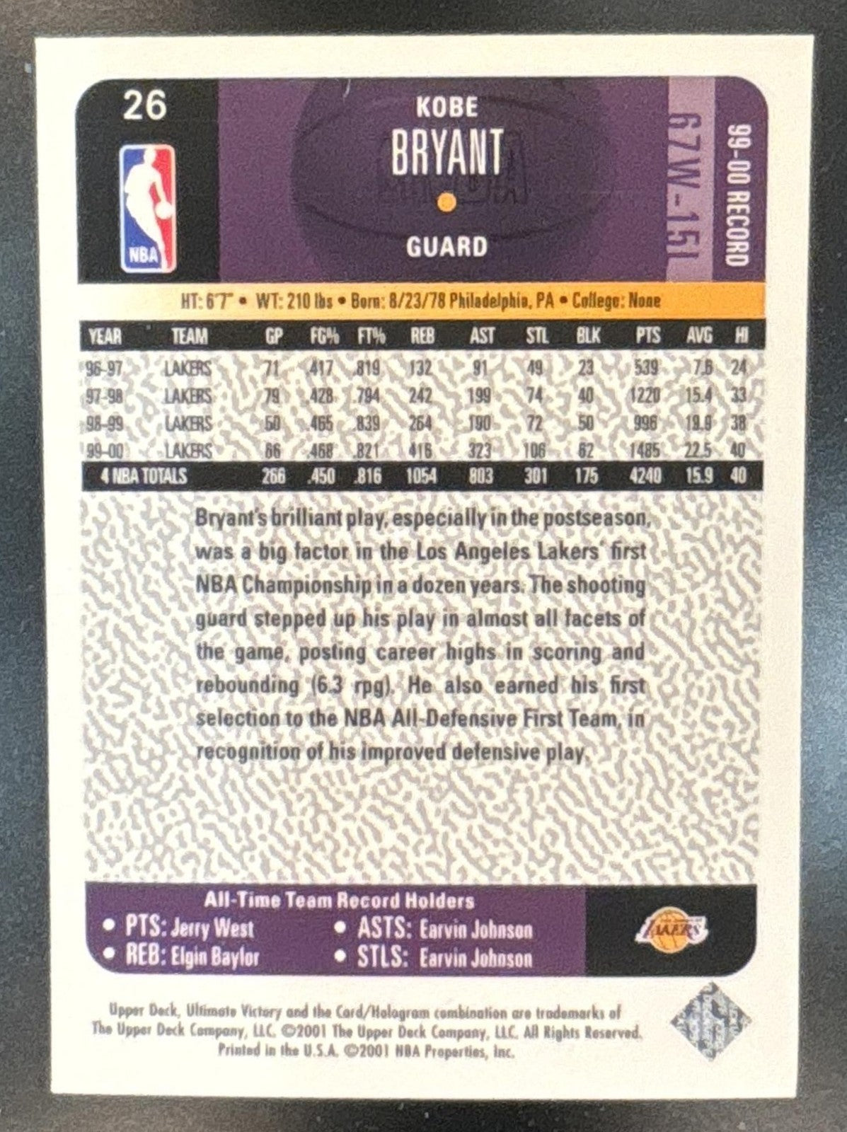 2000-01 Upper Deck Ultimate Victory Kobe Bryant #26 Los Angeles Lakers
