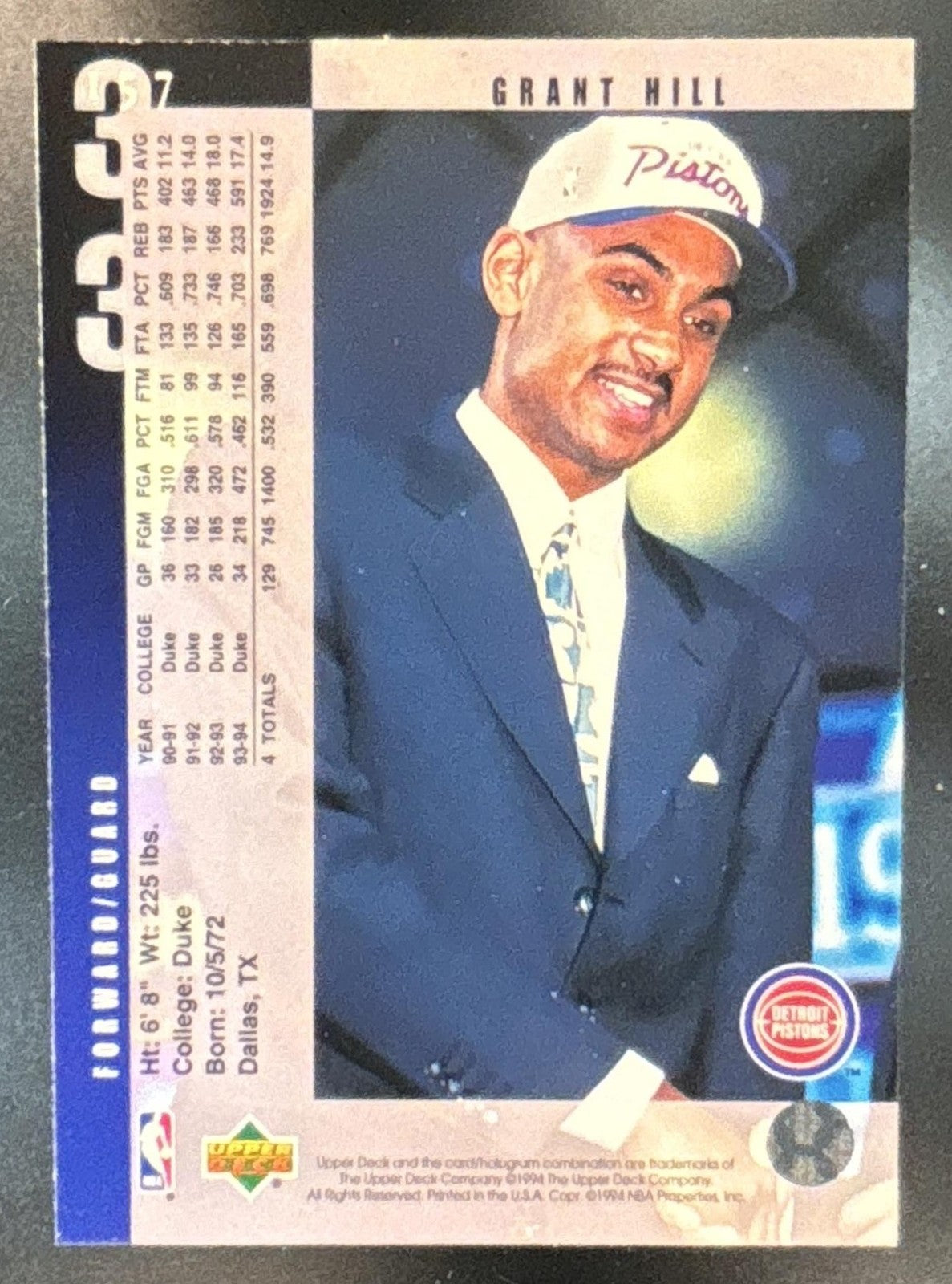 1994-95 Upper Deck Grant Hill #157 RC Detroit Pistons