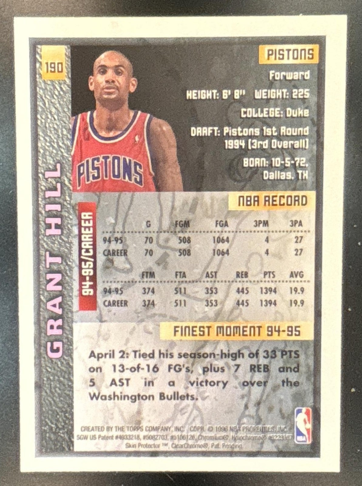 1995-96 Topps Finest Grant Hill #190 Detroit Pistons