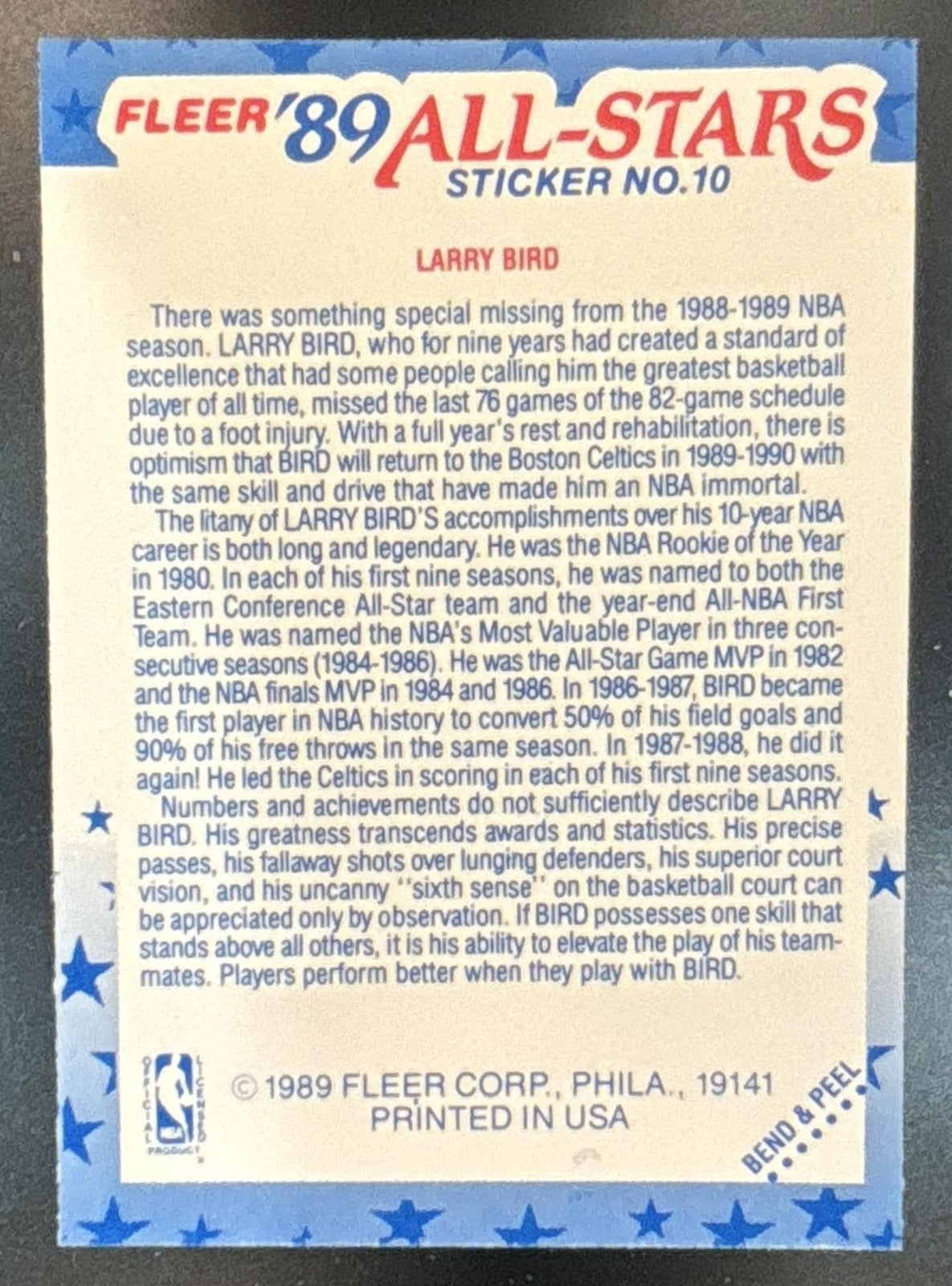 1989-90 Fleer Larry Bird Stickers #10 Boston Celtics