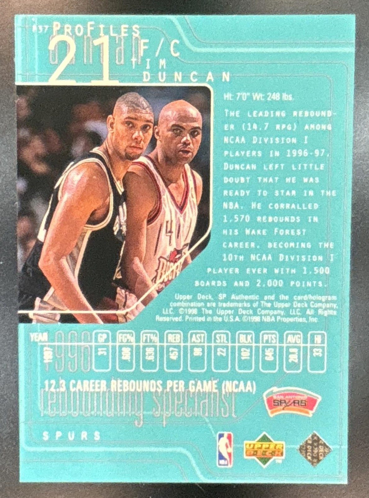 1997-98 SP Authentic Tim Duncan ProFiles #P37 RC San Antonio Spurs