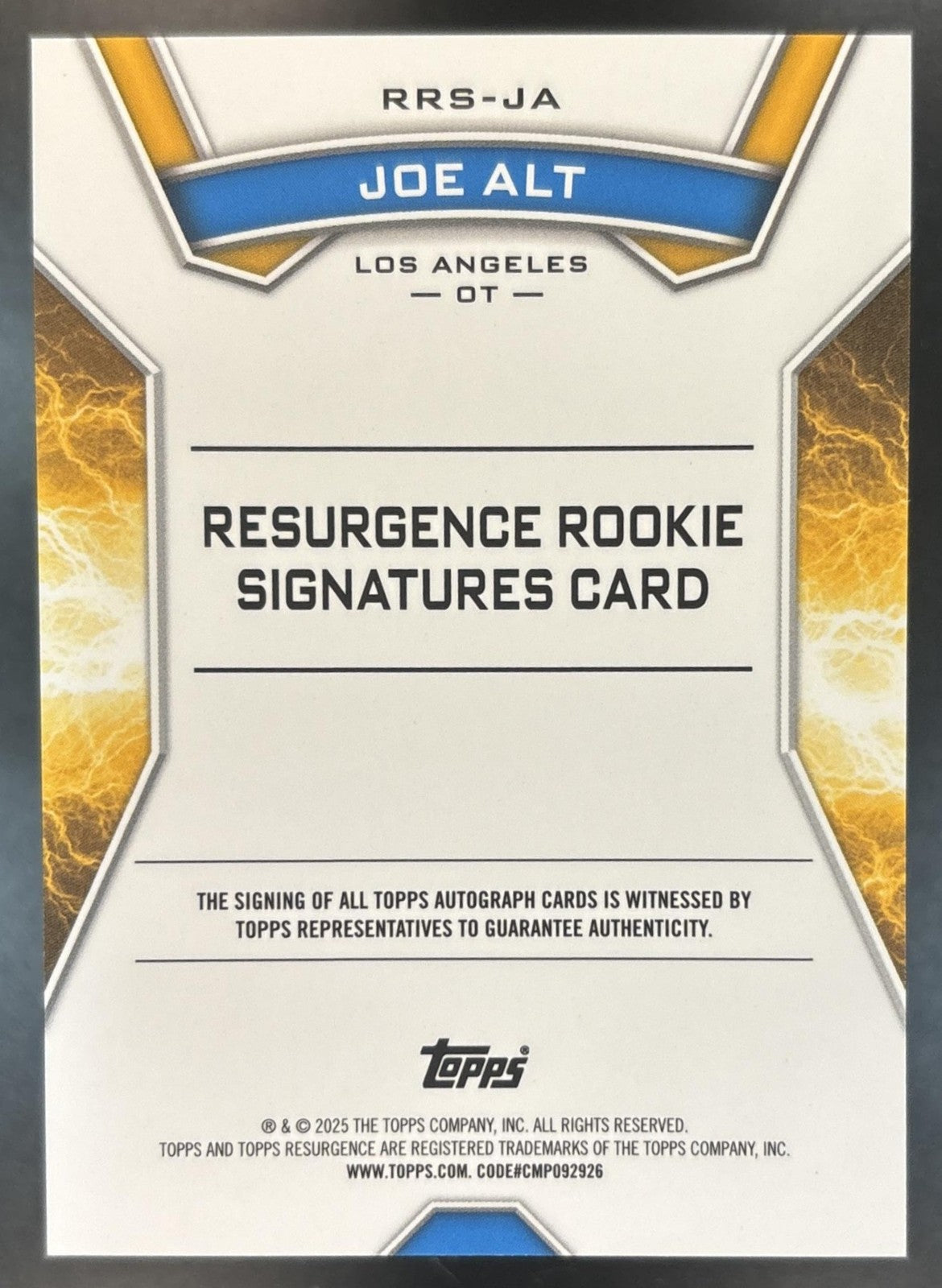 2024 Topps Resurgence Joe Alt Signature Red Power Surge /5 RC Auto Chargers