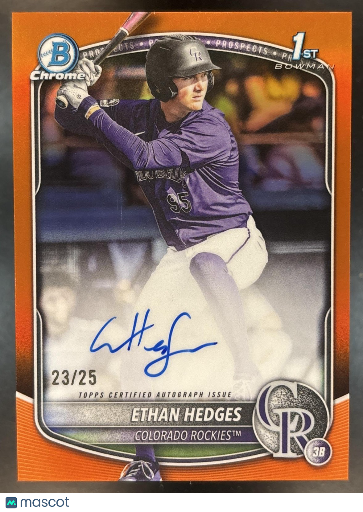2025 Bowman Draft Ethan Hedges Chrome Auto Orange /25 1st Prospect Rockies