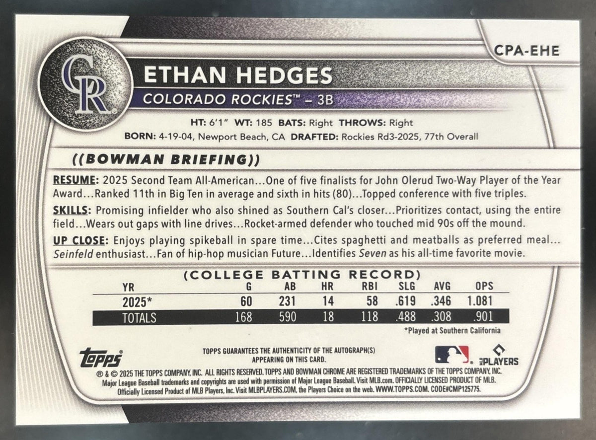 2025 Bowman Draft Ethan Hedges Chrome Auto Orange /25 1st Prospect Rockies