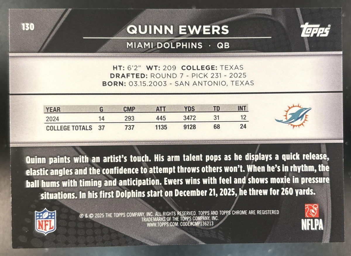 2025 Topps Chrome Black Quinn Ewers Gold Mini-Diamond /50 #130 RC Miami Dolphins