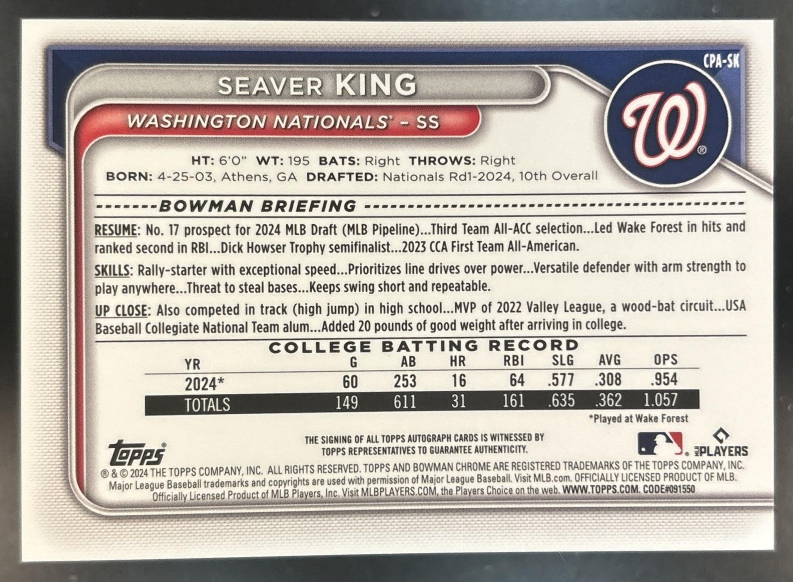 2024 Bowman Draft Seaver King Chrome Auto HTA Choice Refractor /150 1st Prospect