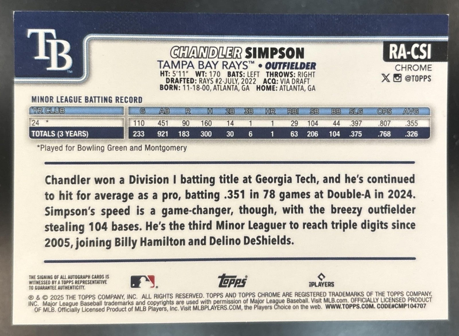 2025 Topps Chrome Chandler Simpson Rookie Auto #RA-CSI RC Tampa Bay Rays