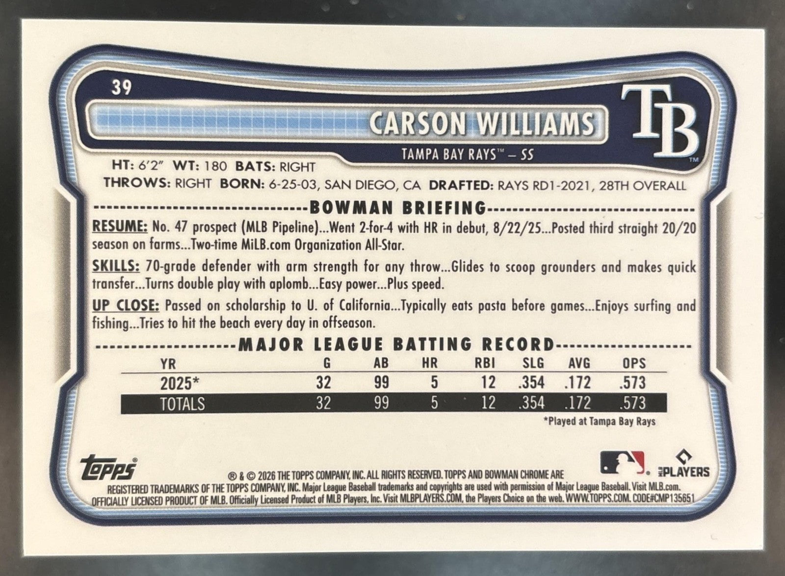 2026 Bowman Mega Box Carson Williams Chrome Orange Mojo /25 #39 RC Rays