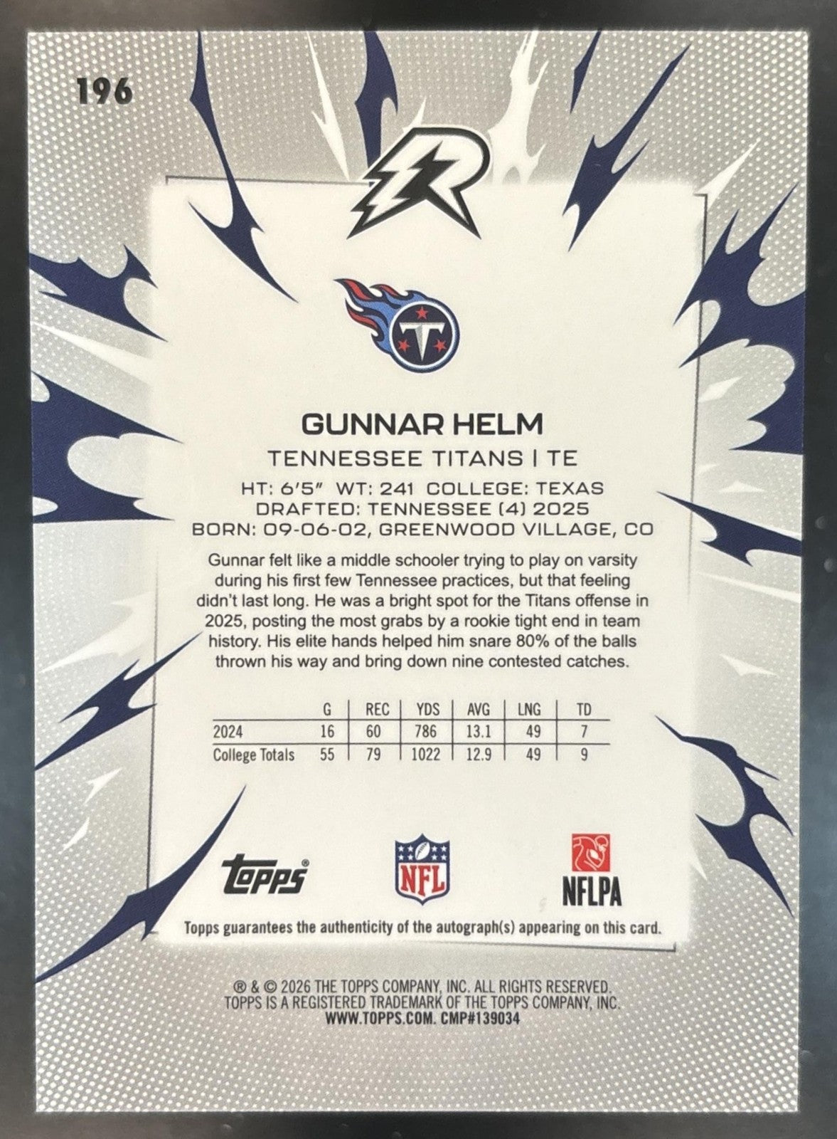 2025 Topps Resurgence Gunnar Helm Rookie Signatures Pink Power Surge 1/10 RC