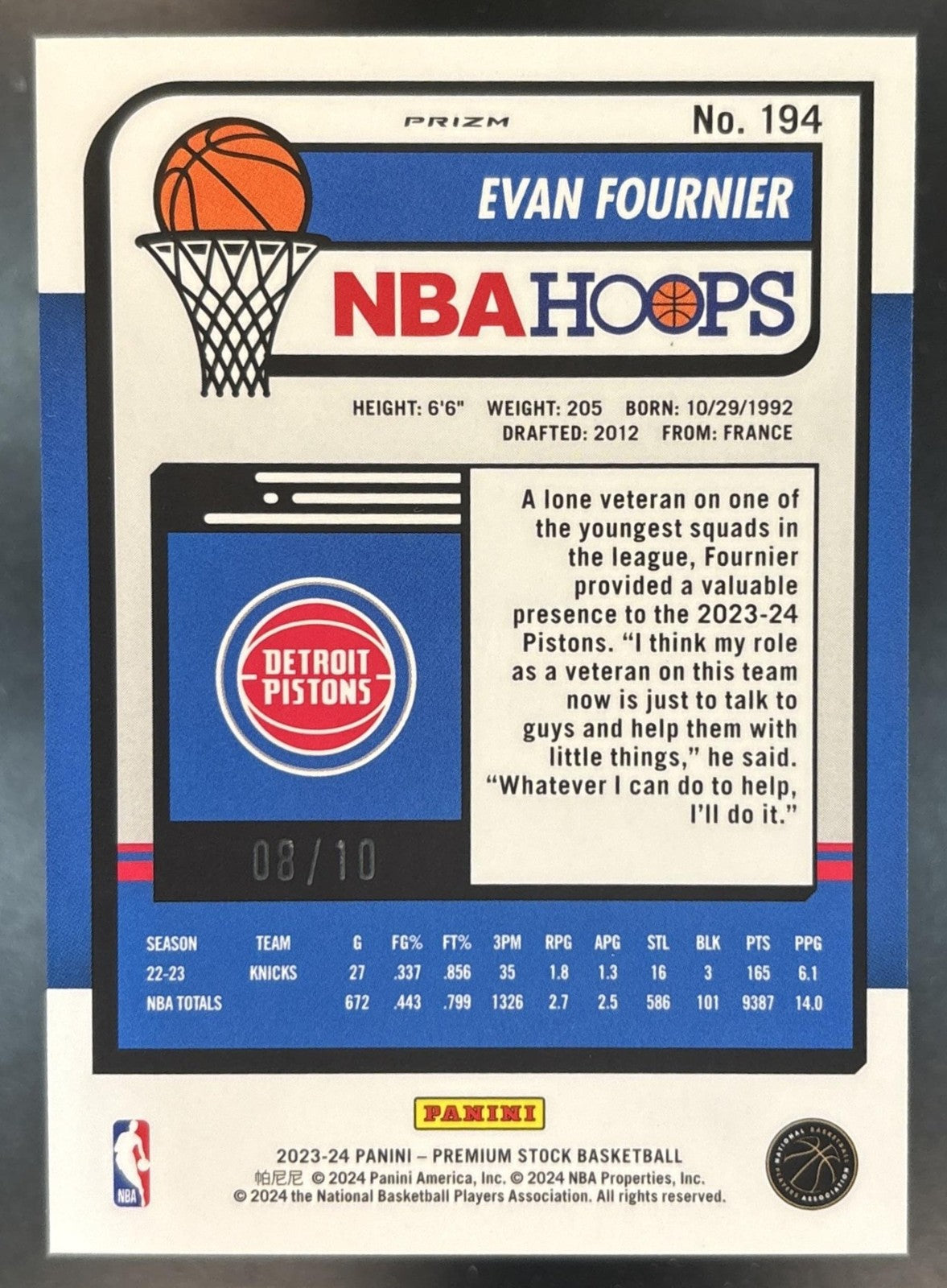 2023-24 Panini Hoops Premium Stock Evan Fournier Gold Ice /10 #194 Pistons