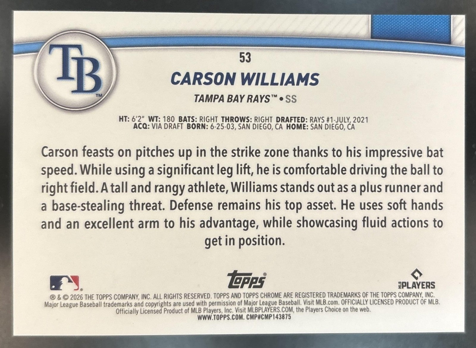 2026 Topps Series 2 Carson Williams The Collection Chrome Orange /25 #53 RC Rays