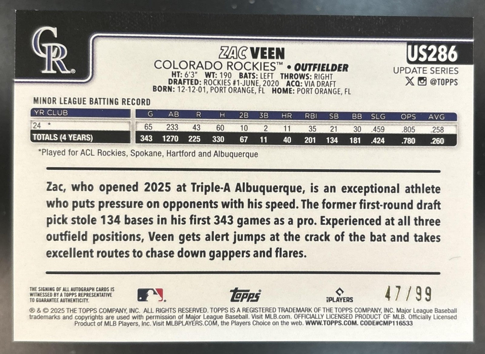 2025 Topps Update Zac Veen Real One Auto Green Foil /99 #US286 RC Rockies