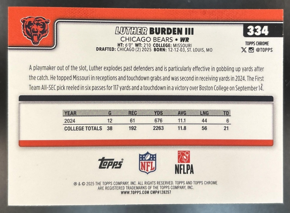 2025 Topps Chrome Luther Burden III Purple Refractor /75 #334 RC Chicago Bears
