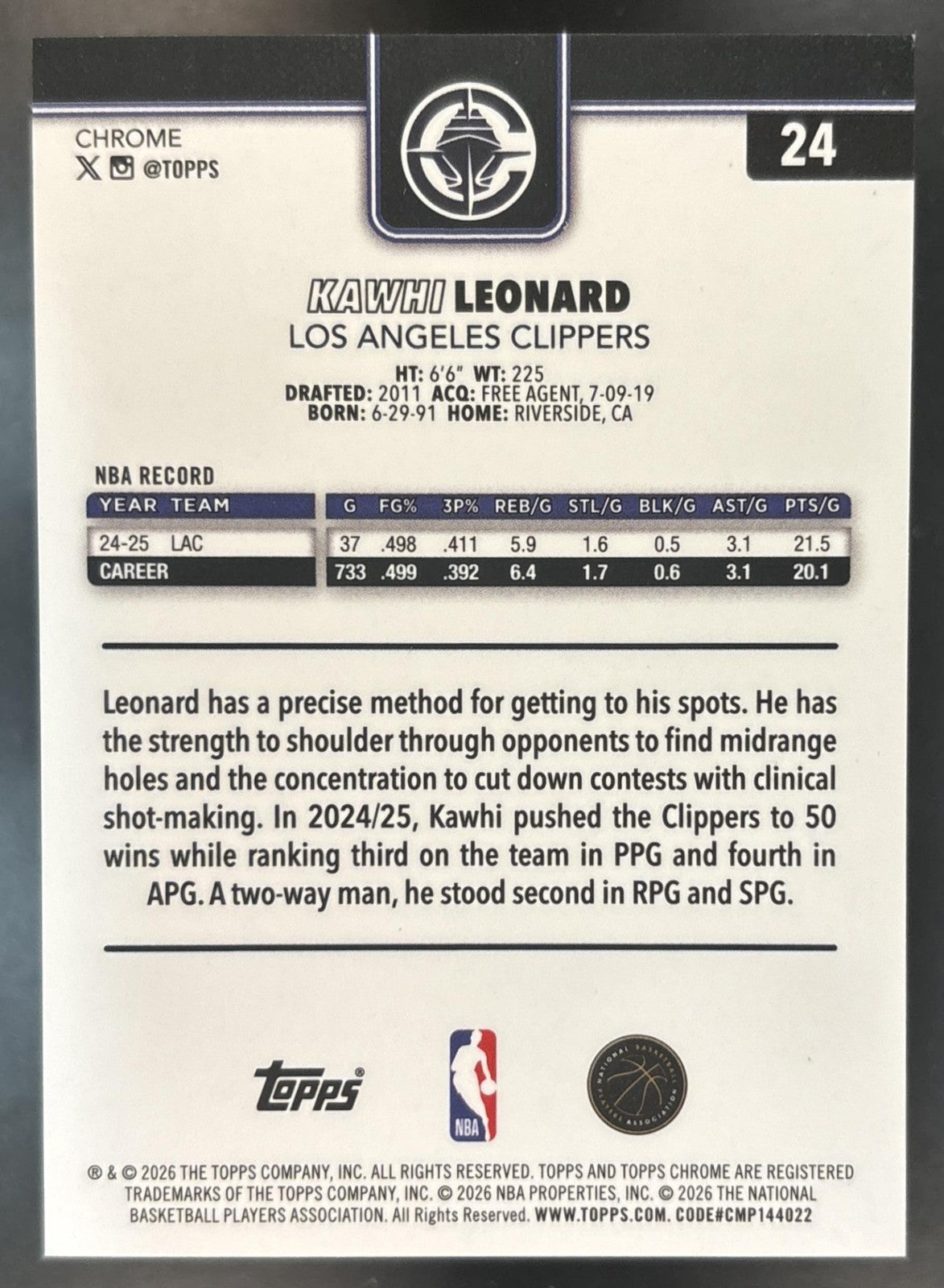 2025-26 Topps Chrome Update Kawhi Leonard Image Variation Green Speckle /99 #24