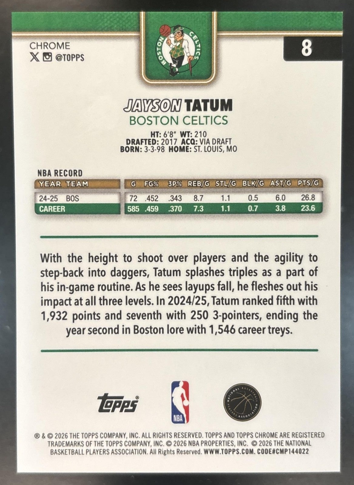 2025-26 Topps Chrome Update Jayson Tatum Purple Refractor /75 #8 Boston Celtics